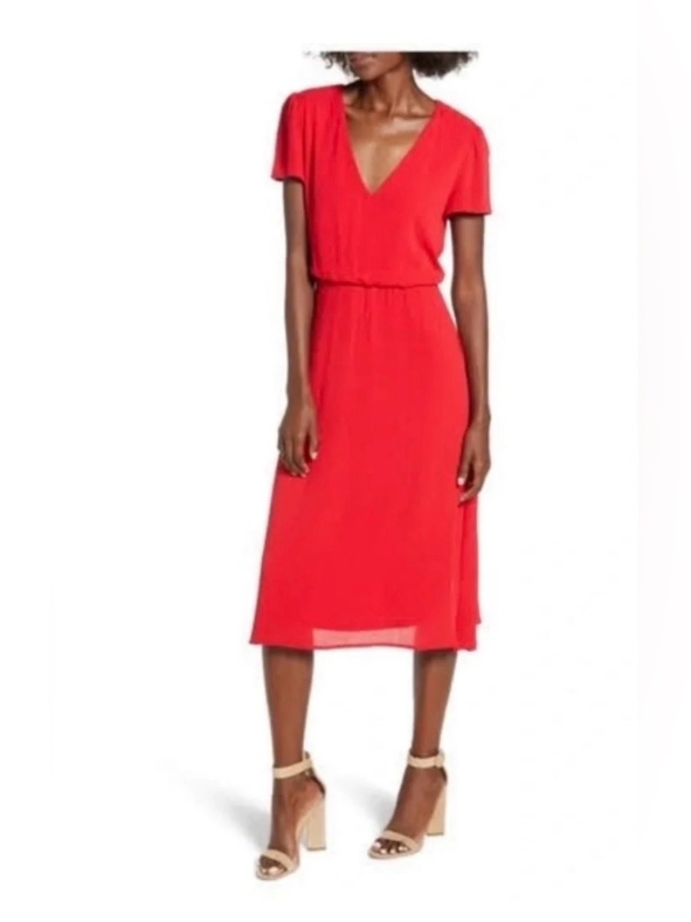 Wayf Red V-Neck Short Sleeve Midi Dress